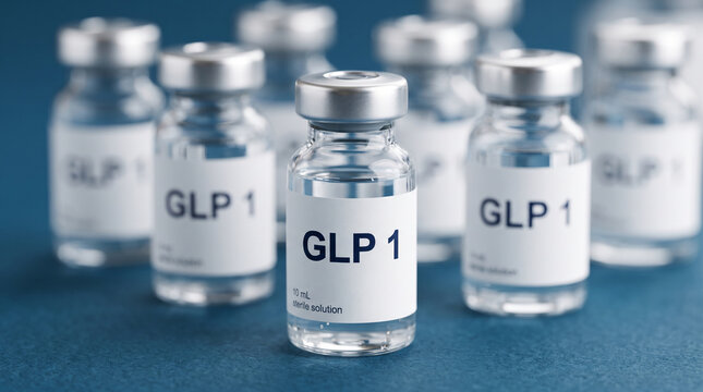 Glass vials with white labels showing "GLP 1" in dark text on a blue background, representing medical treatment or research.