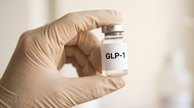 Hand in glove holding vial labeled GLP-1, representing medical treatment, science, and pharmaceutical development