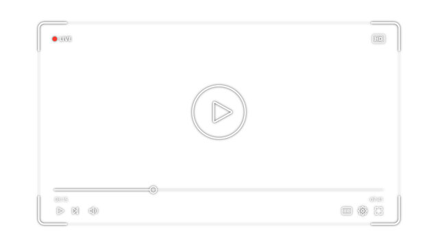 White outline live stream video player overlay with corner frame and line icons isolated on transparent background