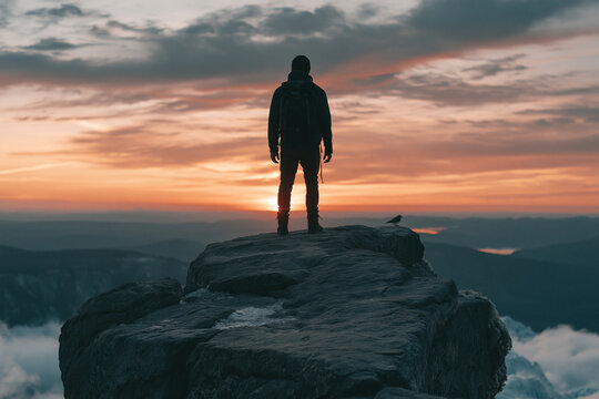 A silhouette of a lone hiker stands on a jagged cliff edge gazing out at a breathtaking fiery sunset over a vast cloudy mountain landscape accompanied by a small bird on the rock