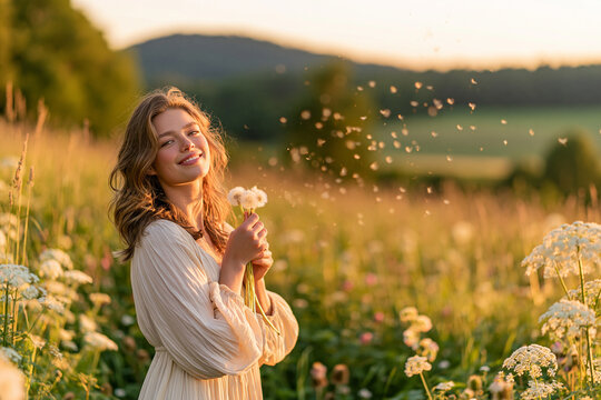 A radiant young woman in a cream dress holds a bundle of dandelions in a golden meadow at sunset while soft seeds drift through the warm glowing light surrounding her joyful expression