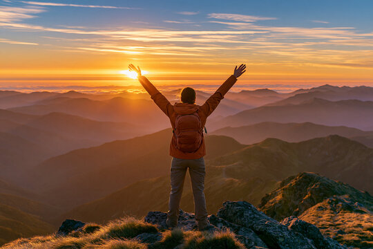 A hiker stands atop a rugged mountain peak at sunset arms raised in triumph as the golden light illuminates the vast undulating landscape of misty valleys and distant mountain ridges