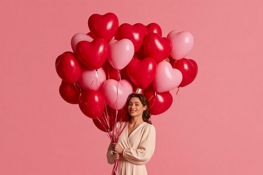 A smiling young woman in a beige dress stands against a pink background holding a large dense bouquet of red and light pink heart shaped balloons that almost completely surround her