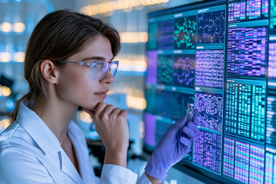 A focused female scientist in a lab coat and glasses holds a small glass vial studying complex molecular data and genetic sequencing patterns displayed on multiple large glowing monitors