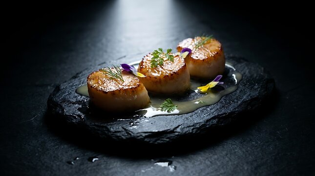 Three gourmet seared scallops served on a dark stone plate garnished with fresh herbs and flowers. luxury shadow cuisine
