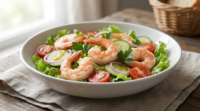 Fresh prawn salad with cucumber and tomato in a ceramic bowl sitting on a grey wooden kitchen table. shrimp salad ideas