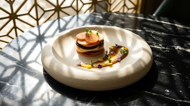 Gourmet vegetable stack appetizer served on a round plate in a luxury restaurant with moody lighting. 