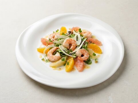 Fresh shrimp salad with citrus fruit and green leaves served on a round white plate for dinner meal. luxury shadow cuisine