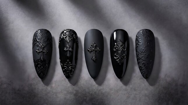 Five black false nails with shiny silver cross designs arranged in a row on a dark moody background. Gothic nail inspiration