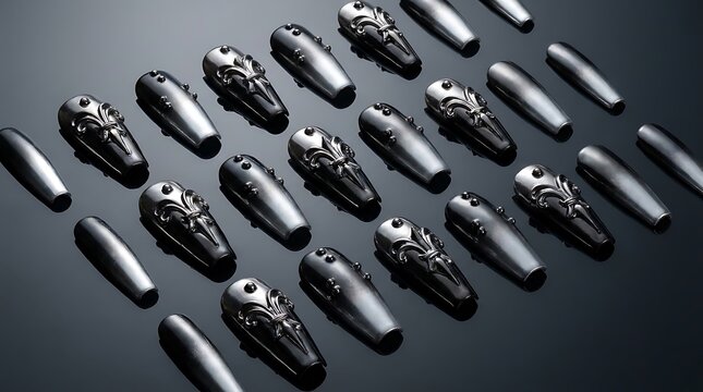 Many small black metal objects with silver decorative patterns arranged in rows on a dark surface. Gothic nail inspiration