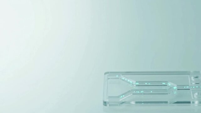 Macro shot of transparent lab-on-a-chip microfluidic cooling channel with flowing cyan particles, biomedical thermal management concept with clean copy space.