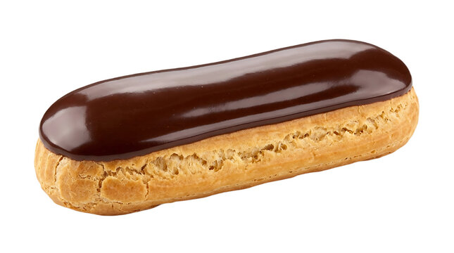 A single chocolate eclair pastry with a smooth glossy dark brown ganache glaze on sitting on a white background, showing baked choux dough