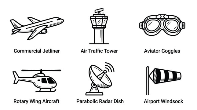 Aviation icon collection with aircraft and airport equipment