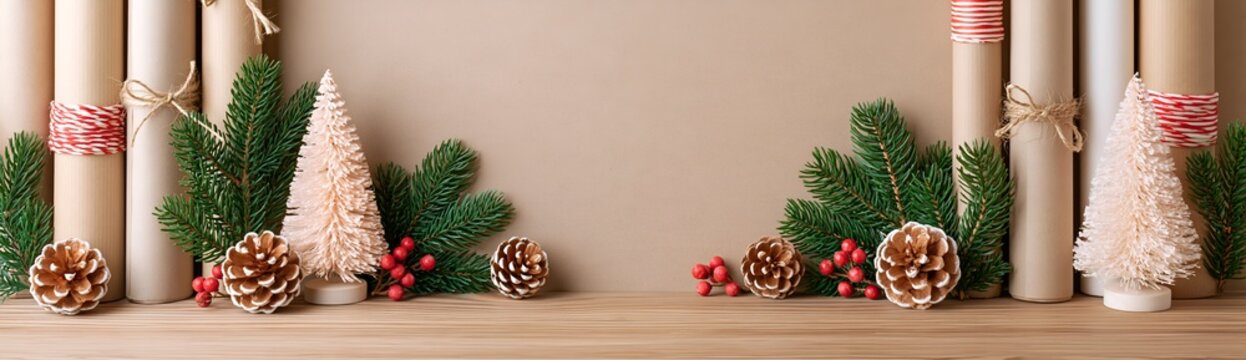 Christmas Countdown Calendar: A festive Advent calendar with rolled paper scrolls, evergreen sprigs, pinecones, berries, and mini trees creates a cozy holiday atmosphere.