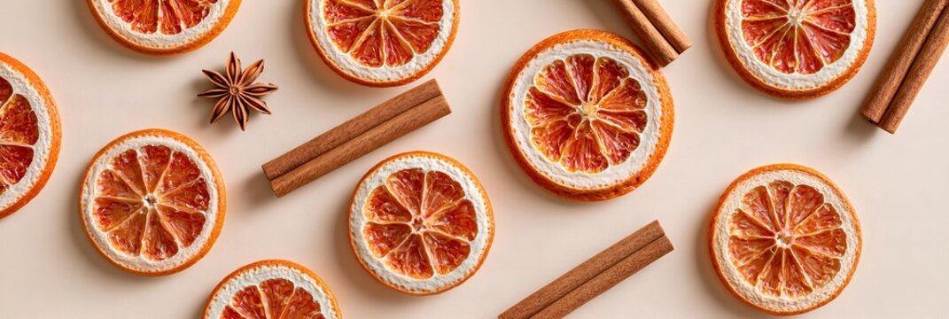 Dried Citrus and Spice Arrangement: A vibrant overhead view showcases a festive arrangement of dried orange slices, warm cinnamon sticks, and star anise, evoking cozy winter aromas and holiday cheer.