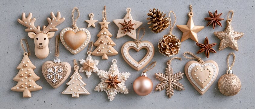 Christmas Ornament Collection: A festive arrangement of various Christmas ornaments, including reindeer, hearts, stars, snowflakes, and pinecones, in shades of gold and cream.