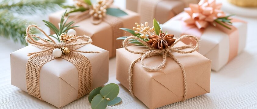 Festive Gift Box Assortment: A collection of beautifully wrapped gift boxes adorned with natural elements like twine, pine sprigs, and dried spices, perfect for conveying warmth and celebration.