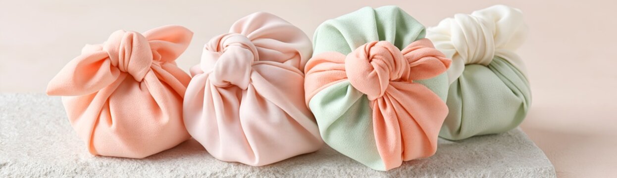 Gift Wrapped Delights: A collection of four beautifully fabric-wrapped gifts in pastel hues of peach, mint green, and cream, tied with elegant knots.