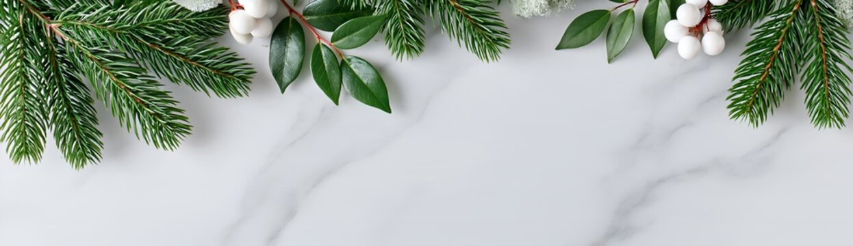 Winter Welcome Banner: Festive fir branches and delicate cotton bolls are artfully arranged along the top of a elegant white marble background.