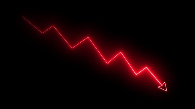 Red neon financial downtrend graph animation with falling arrow