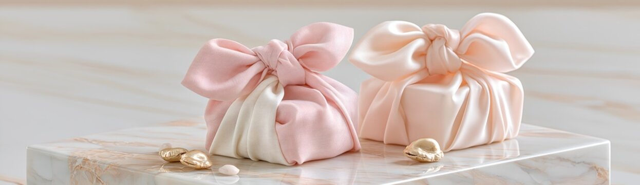 Elegant Gift Wrapping: Two delicate gift packages, adorned with soft satin ribbons in blush pink and cream, sit serenely on a marbled surface.