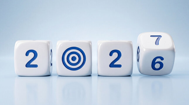 Four white dice arranged in a row with flat surface with surface representing year