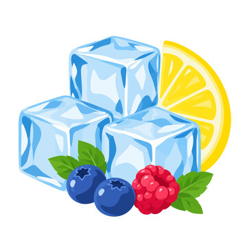 Blue Ice Cubes With Lemon Slice Blueberries and Raspberry Flat Vector Illustration Isolated on White Background