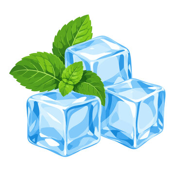 Transparent Blue Ice Cubes With Fresh Green Mint Leaves Flat Vector Illustration Isolated on White Background