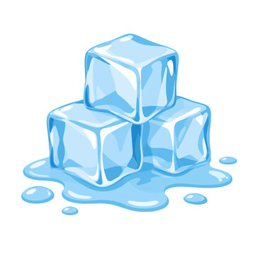 Three Melting Blue Ice Cubes With Water Puddle and Droplets Flat Vector Illustration Isolated on White Background