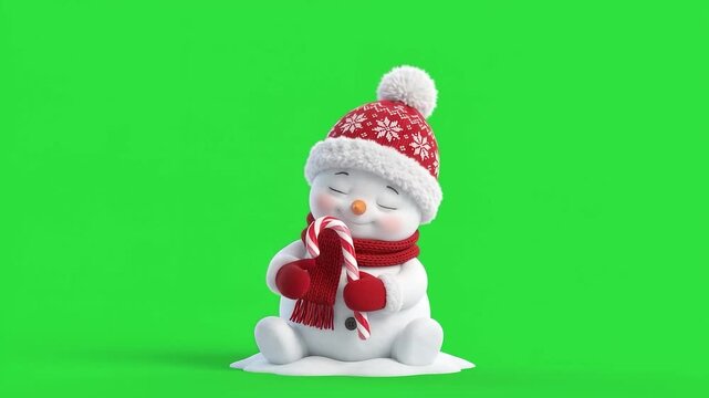 Sweet Snowman Sitting Joyfully With Closed Eyes Green Screen