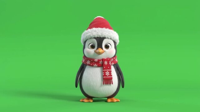 Waddling Baby Penguin Wearing Santa Hat On Green Screen