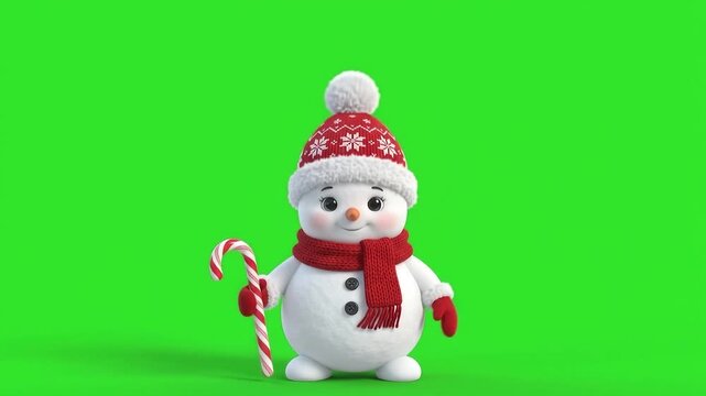Friendly Smiling Snowman Waving With Candy Cane on Chroma Key
