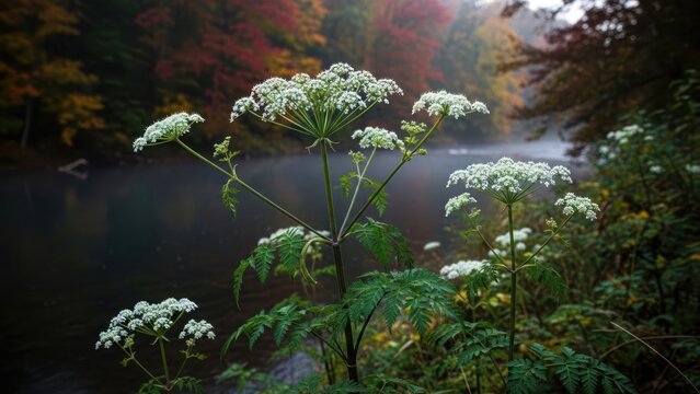 White wildflowers by a misty river with vibrant autumn foliage in the background.