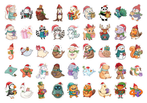 Cute cartoon animals wearing festive holiday hats and holding gifts transparent background
