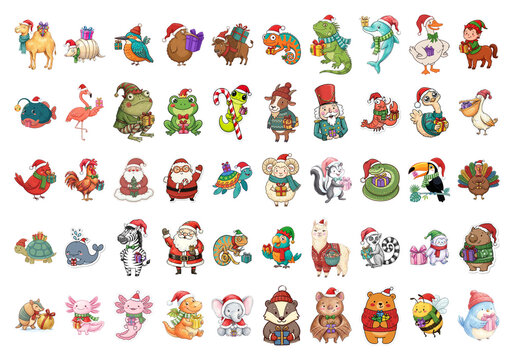 Colorful Holiday Celebration Animal Characters Wearing Festive Santa Hats And Accessories transparent background