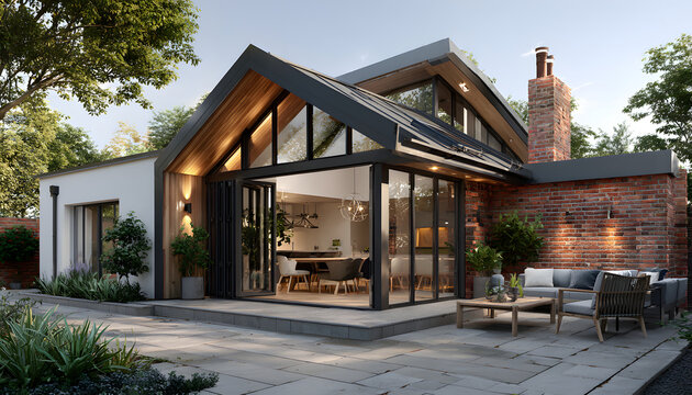 Modern UK house extension with white accents, brick facade, grey slate roof. Features large glass doors opening to spacious interior with dining area, lounge. Stylish, contemporary home improvement