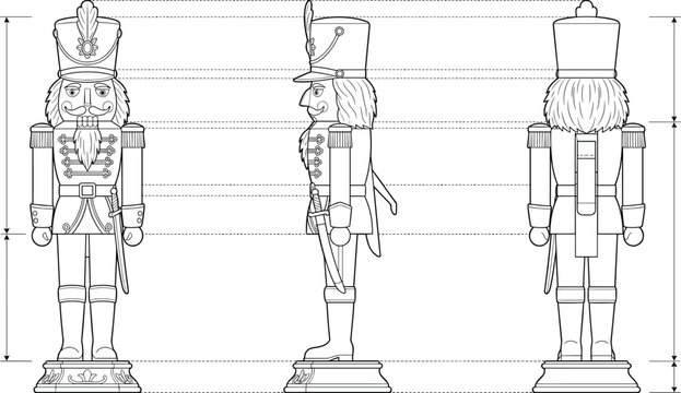 Christmas nutcracker toy soldier technical character model sheet vector illustration showing orthographic views