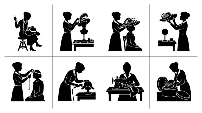 Milliner silhouettes set with hat making and fitting, fashion design and creation