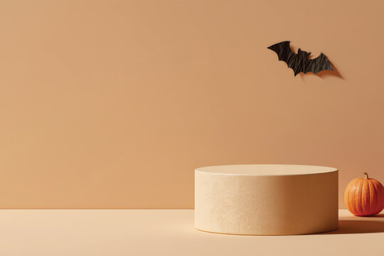 The image features a halloween bat and a pumpkin against a soft background, creating an inviting feel, making it perfect for seasonal promotions and artistic displays.