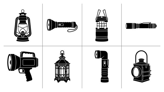 Lantern and flashlight silhouettes set for camping, hiking, and emergency lighting
