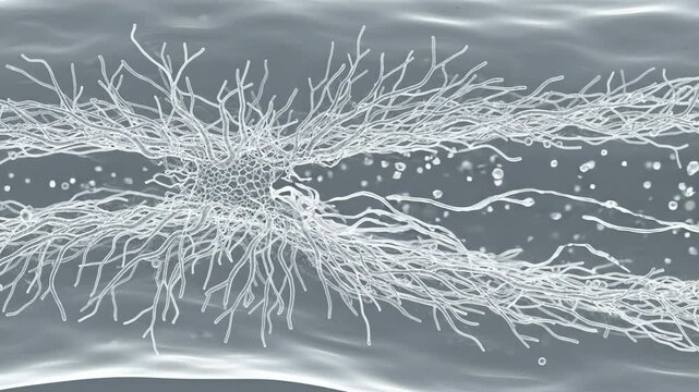 Damaged endothelial glycocalyx lining a transparent blood vessel, delicate branching sugar-protein fibers extend from the endothelial surface into the plasma, a few fibers slowly loosen 
