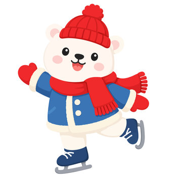 Cute Polar Bear Waving Wearing Blue Snowflake Winter Sweater Red Scarf and Blue Knitted Hat, Adorable Arctic Bear Vector Illustration Isolated on White