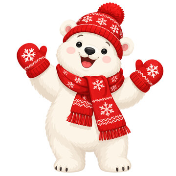 Cute Happy Polar Bear Wearing Red Knitted Winter Hat Scarf and Mittens, Adorable Arctic Animal Flat Vector Illustration Isolated on White Background