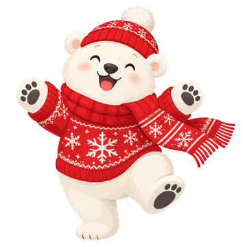 Cute Dancing Polar Bear Wearing Red Christmas Sweater Snowflake Hat and Winter Scarf, Happy Arctic Animal Flat Vector Illustration Isolated on White