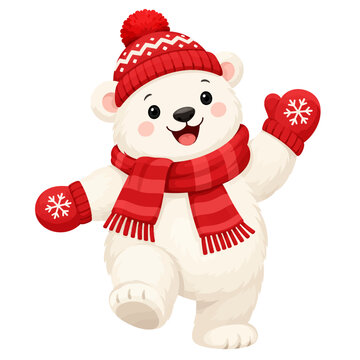 Adorable Playful Polar Bear Waving and Walking Wearing Red Winter Beanie Scarf and Mittens, Cute Arctic Bear Cartoon Vector Isolated on White