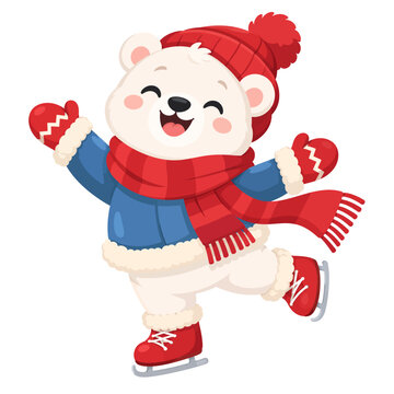 Cute Happy Polar Bear Ice Skating Wearing Blue Winter Coat Red Hat Scarf and Ice Skates, Adorable Arctic Animal Cartoon Vector Isolated on White