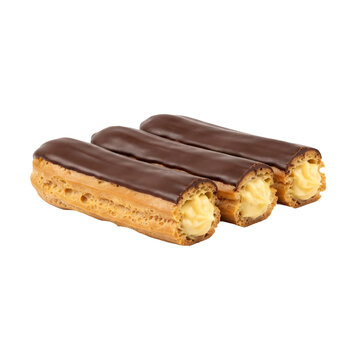Three chocolate eclairs with glossy glaze and vanilla cream filling