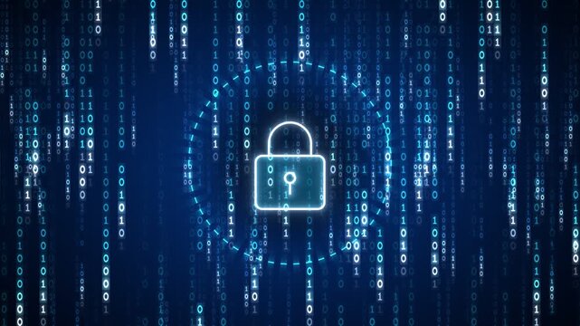 Digital security concept with glowing padlock icon and binary code stream on dark blue background