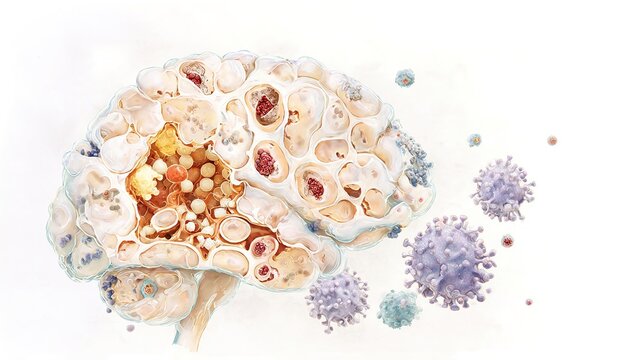 Neuroinflammation, brain immune response, microglia activation and cytokine release in central nervous system, medical 3D illustration showing inflammatory process, neurodegenerative disease mechanism