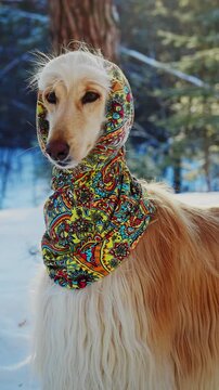 Elegant Dog in Colorful Scarf Poses Gracefully in Winter Wonderland, Showcasing Its Majestic Fur and Unique Style Amidst a Beautiful Snowy Landscape